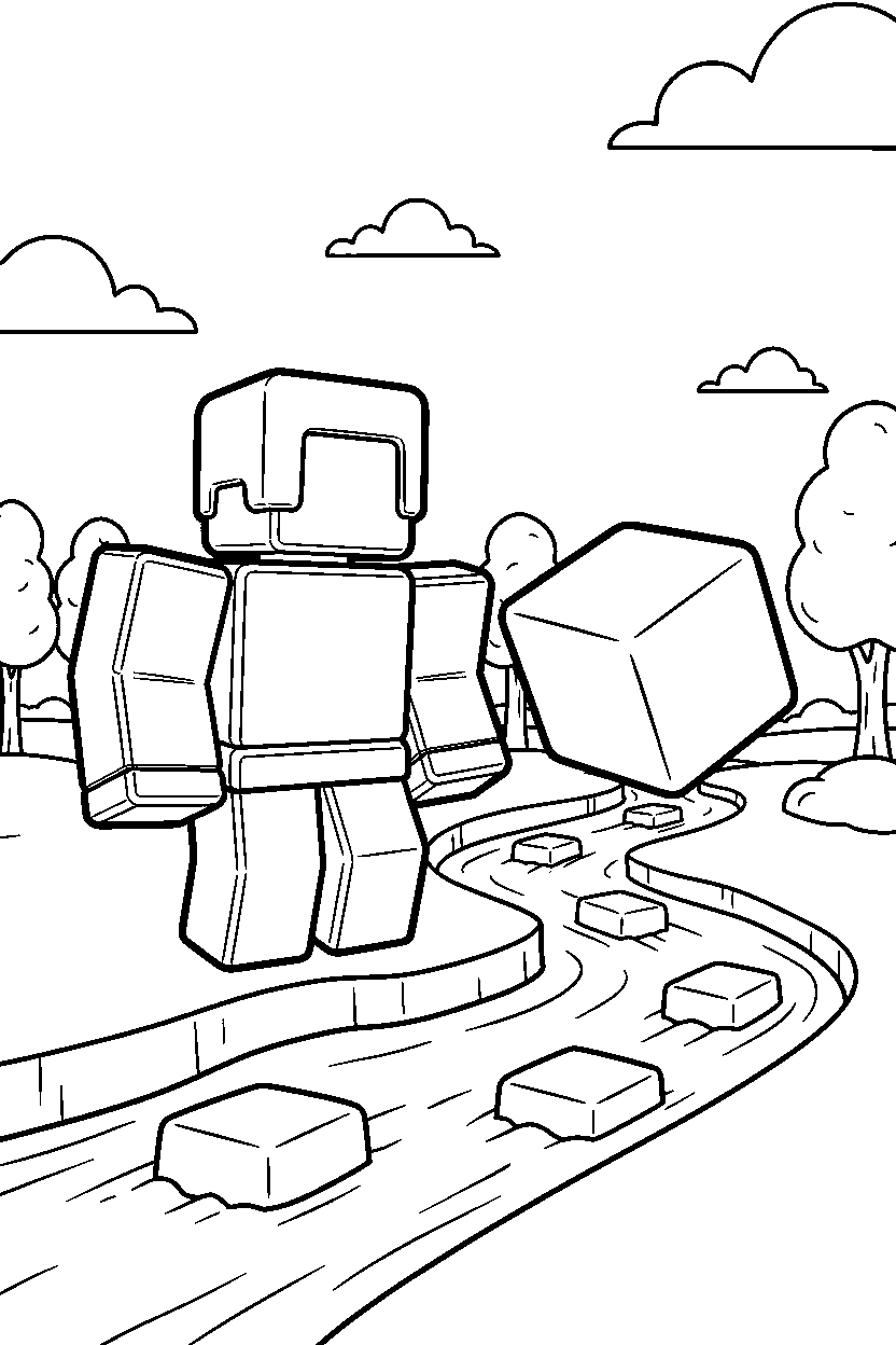 roblox classic avatar looking at a block near a block river line art