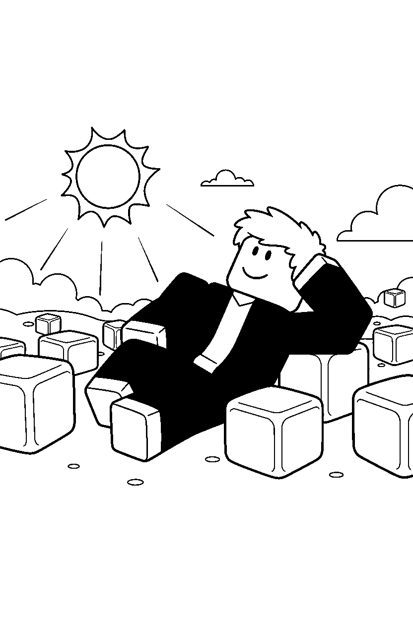 roblox classic avatar resting in a sunny block field line art
