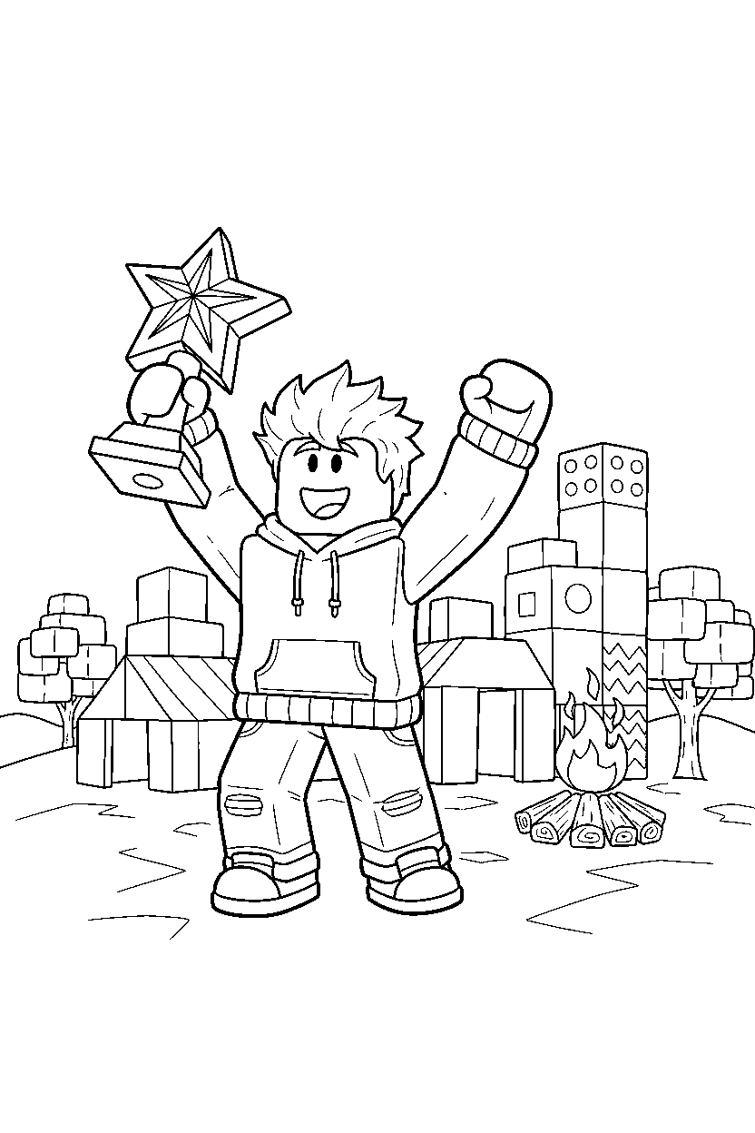 roblox creator celebrating victory near a block camp line art