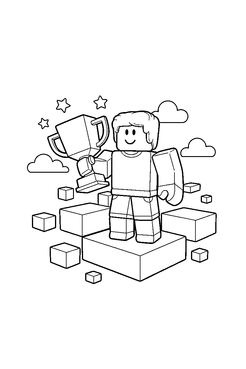 roblox creator holding a trophy near block platforms line art