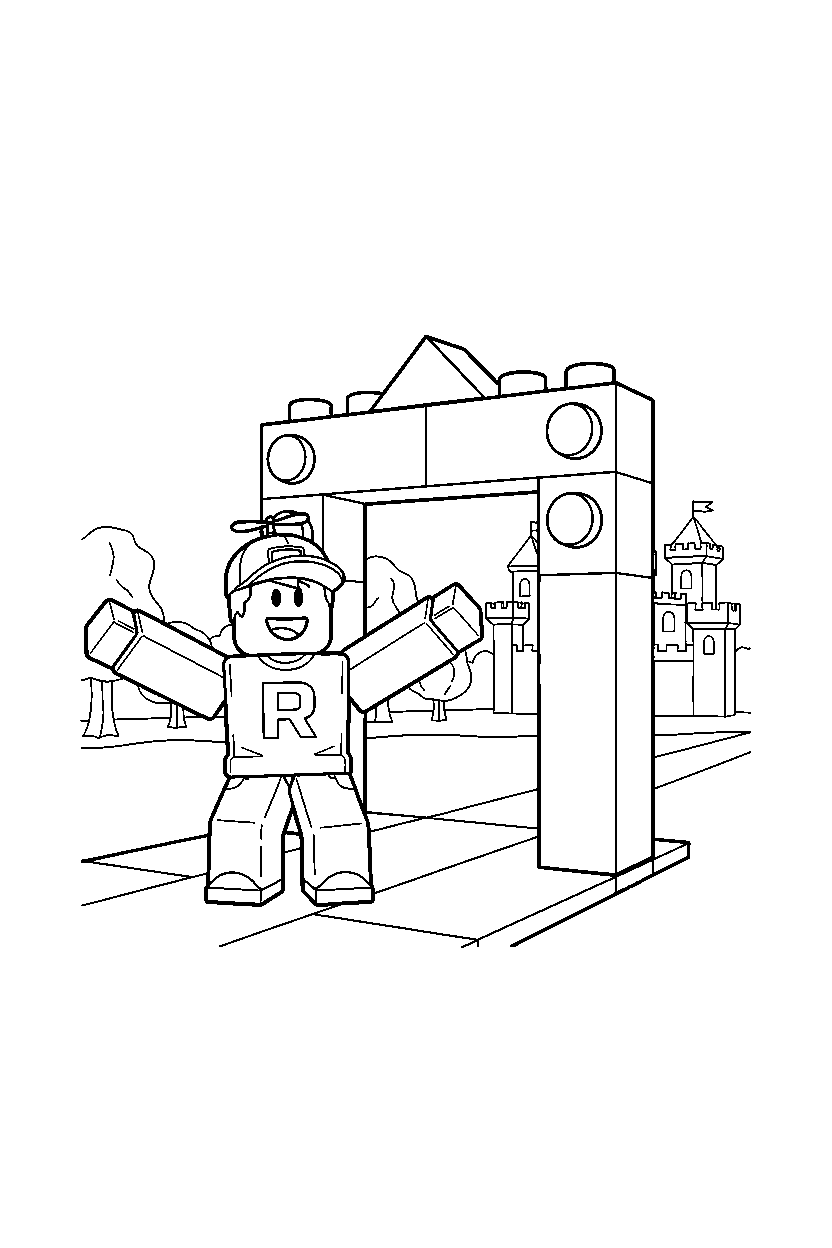 roblox creator smiling near a block gate entrance line art