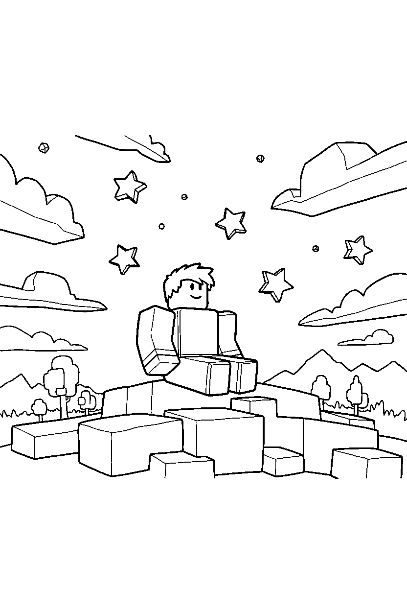 roblox creator watching the sky in a block meadow line art