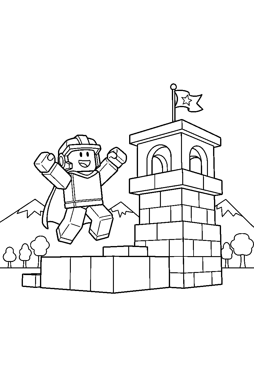 roblox cube adventurer celebrating victory near a block lookout line art