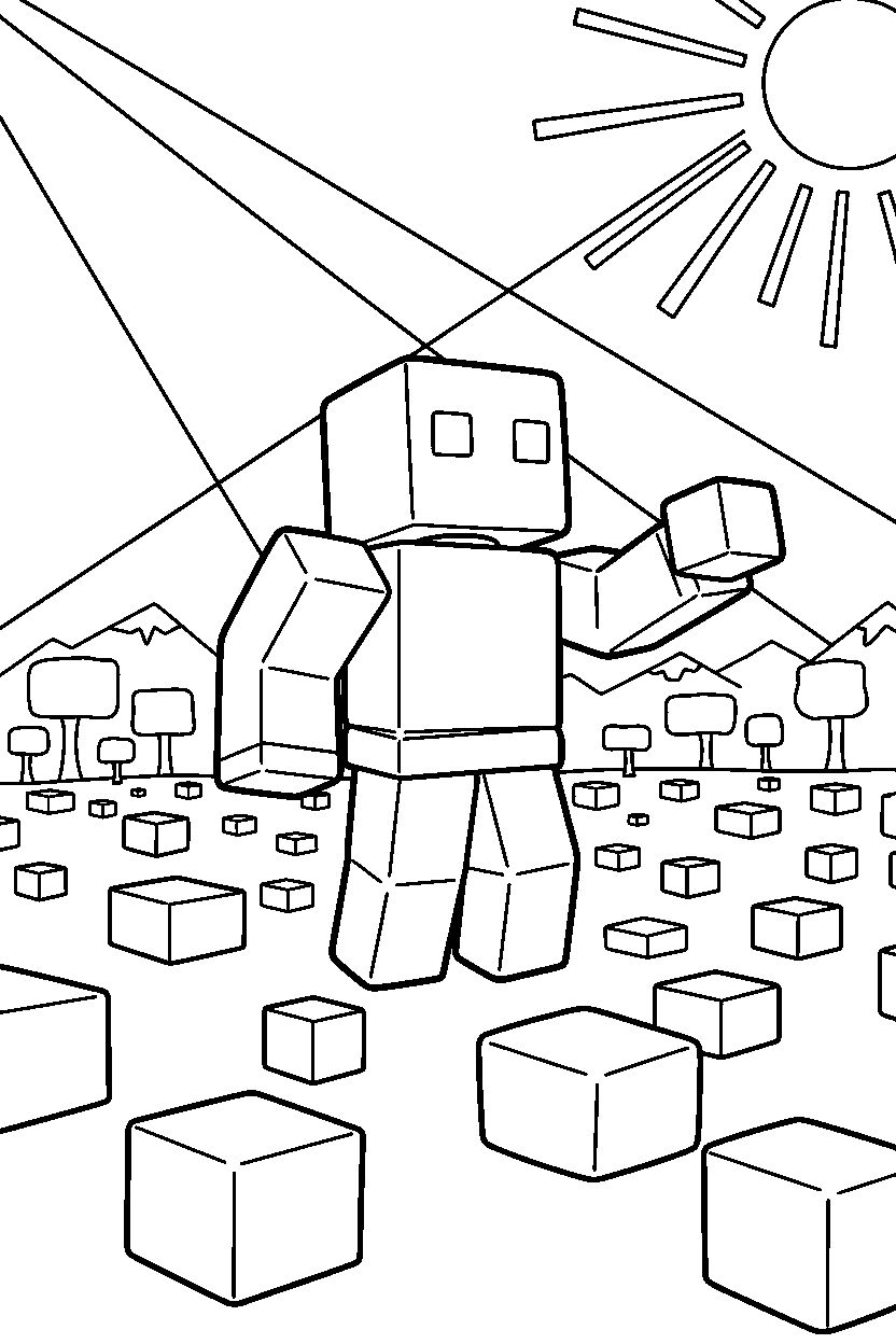roblox cube adventurer holding a block in a sunny block field line art