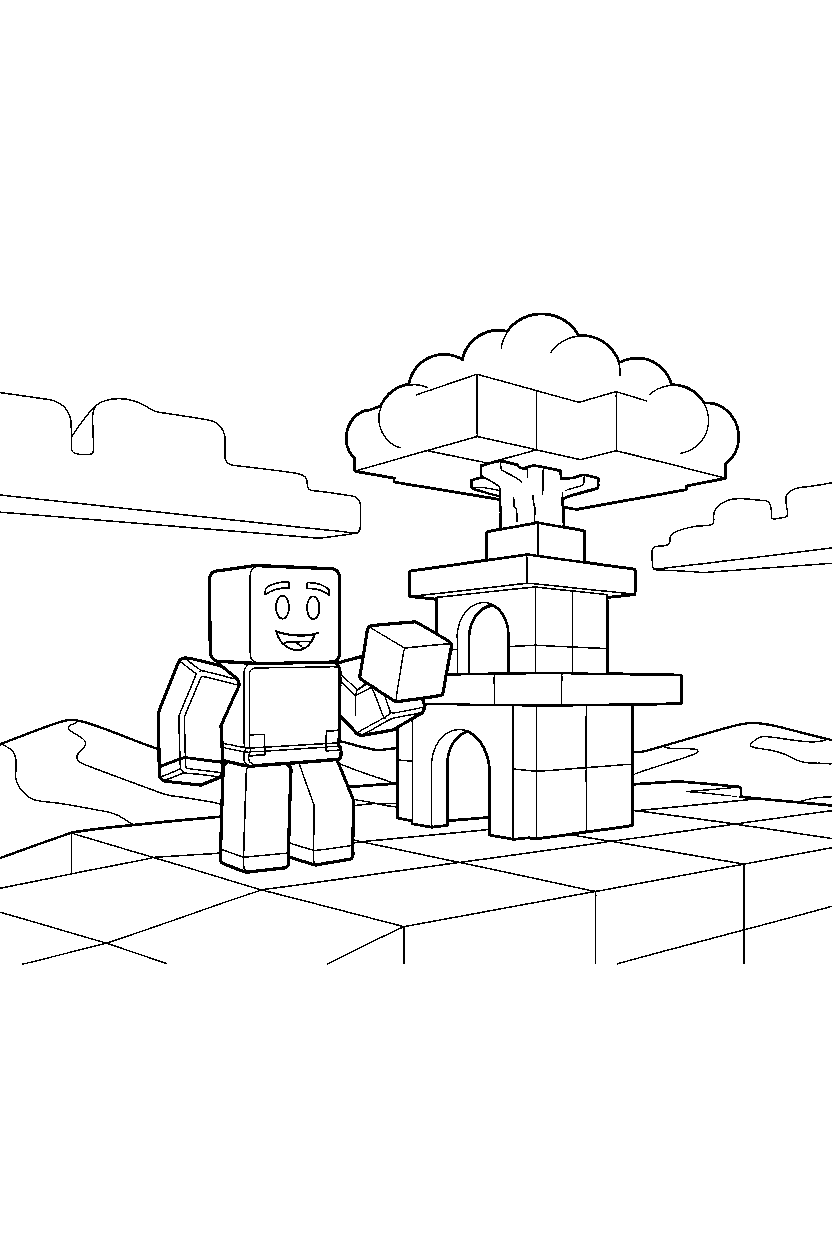 roblox cube adventurer holding a block near a block tree house line art
