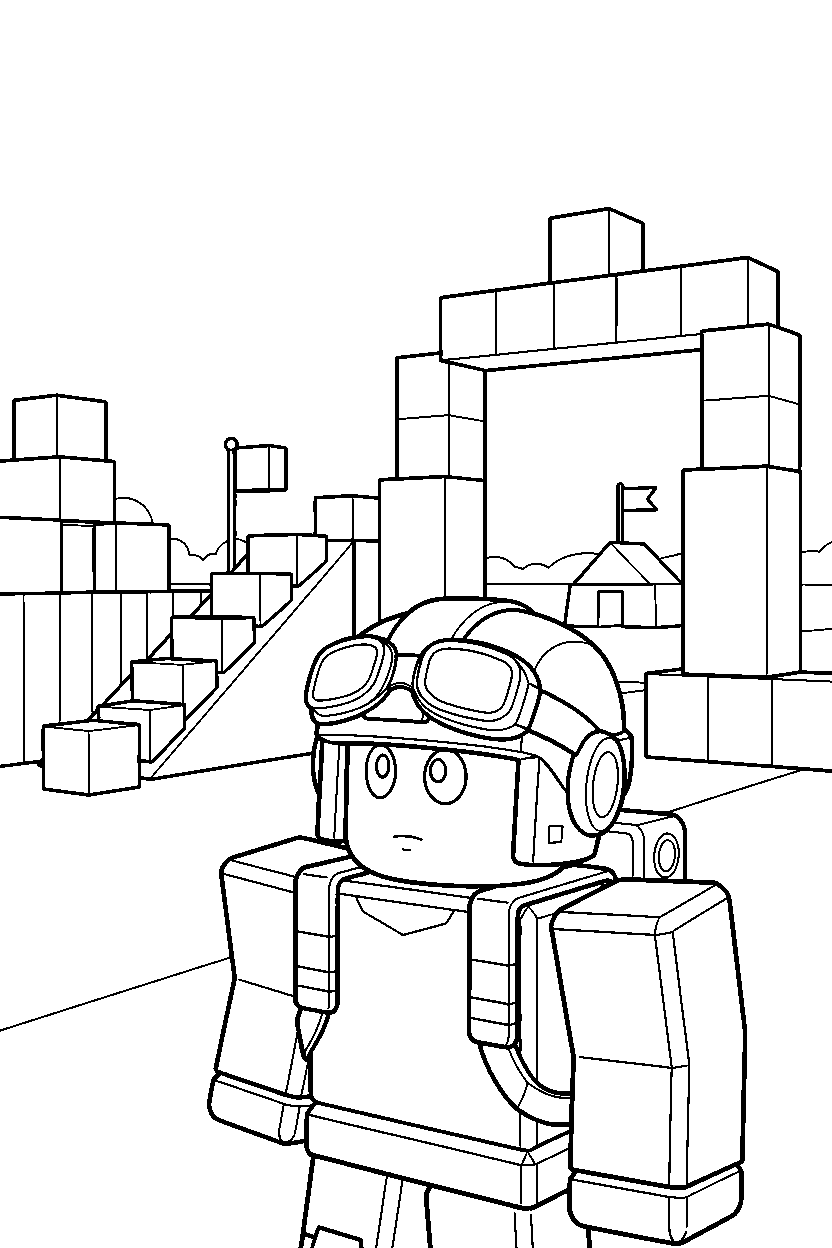 roblox cube adventurer looking around near a block training camp line art