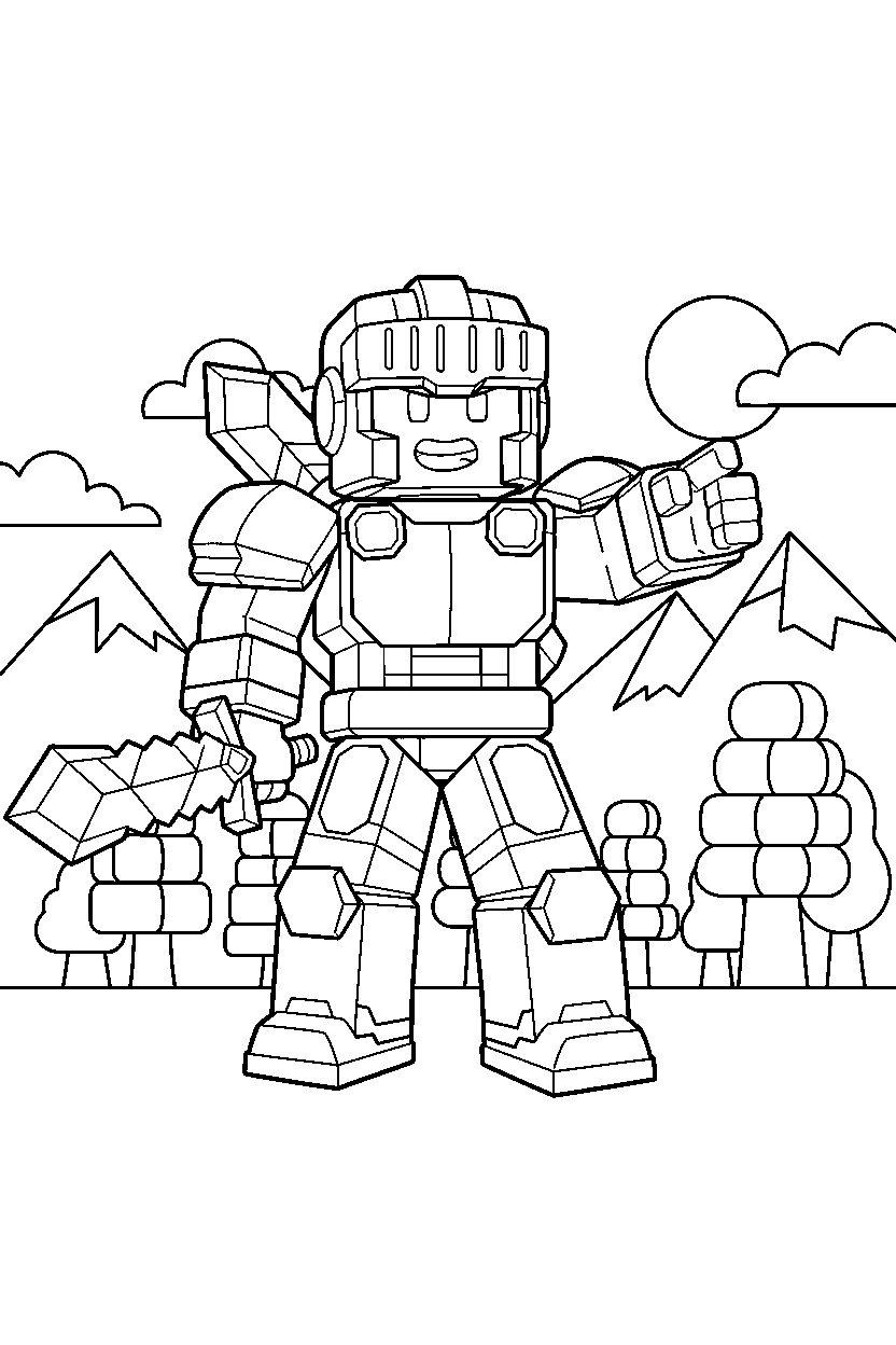 roblox cube adventurer posing in a block world line art