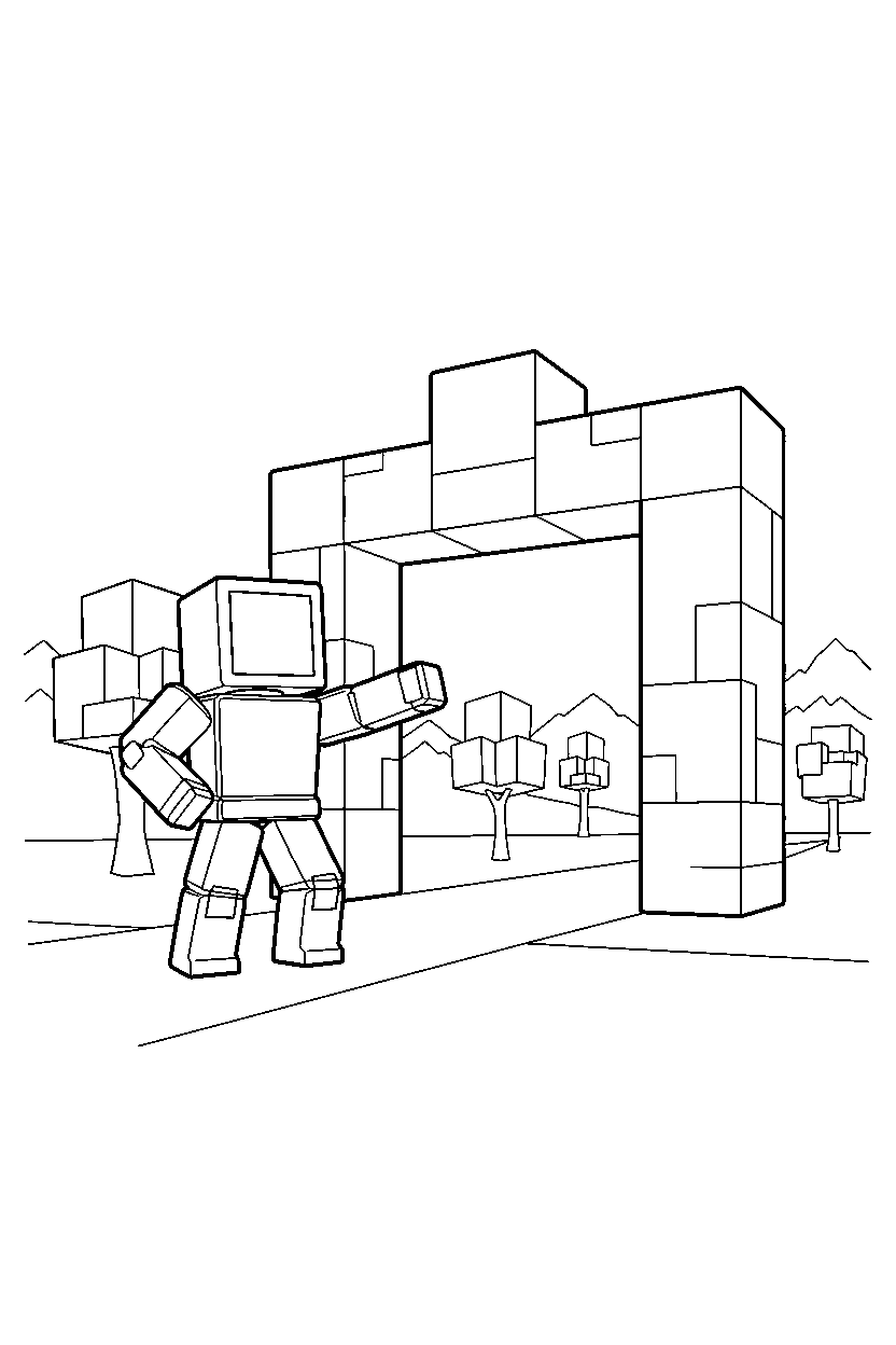 roblox cube adventurer posing near a block gate entrance line art
