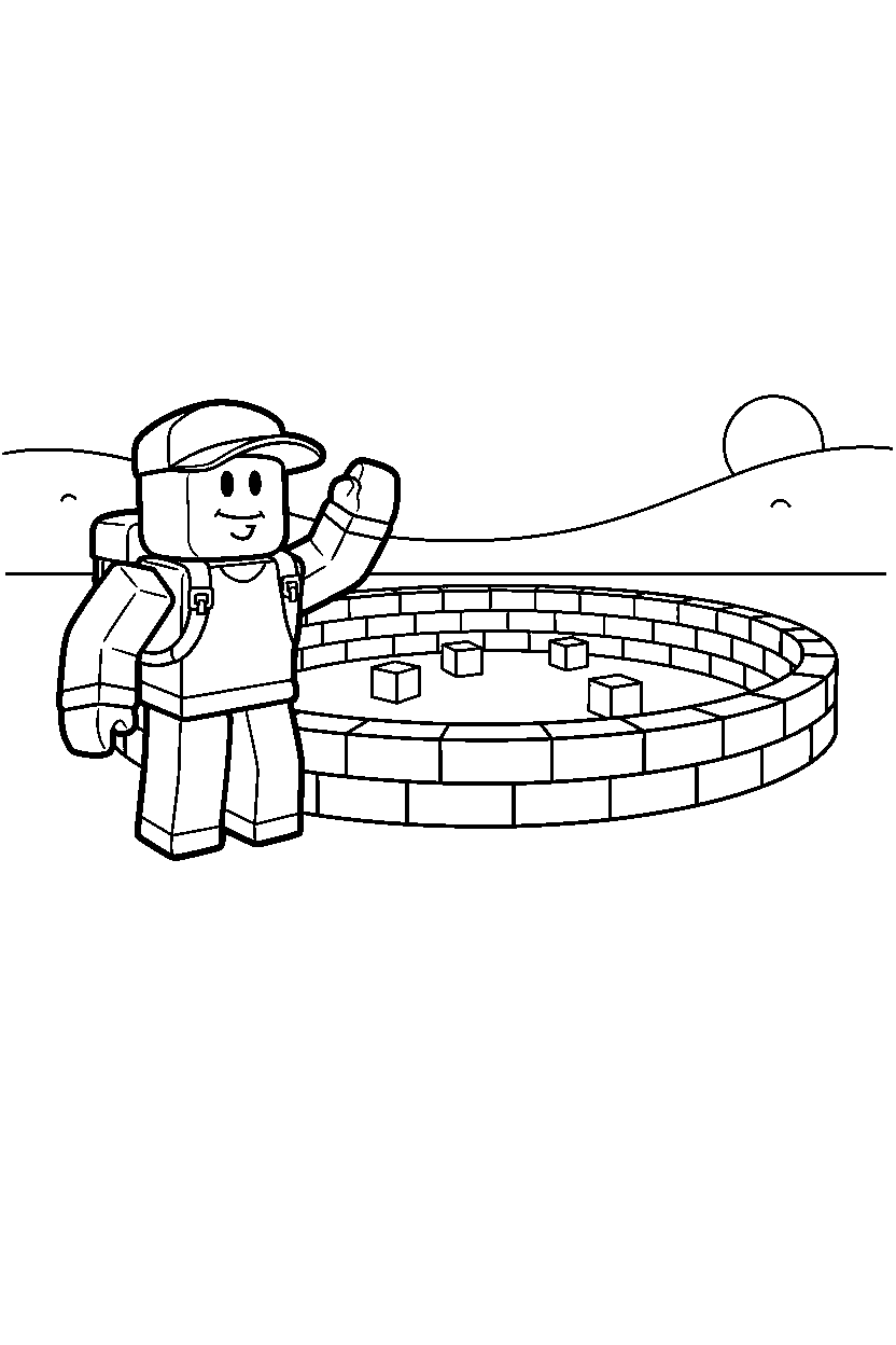 roblox cube adventurer raising a hand near a block arena line art