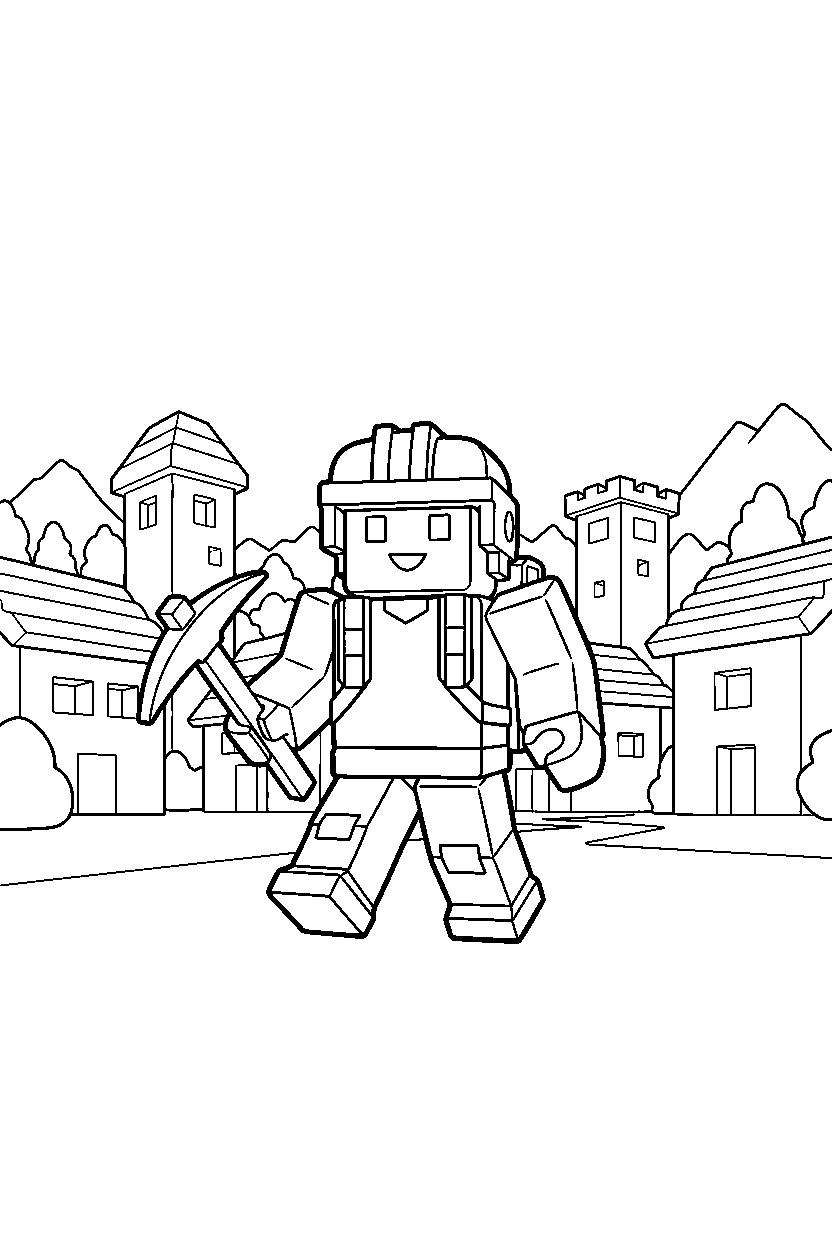 roblox cube adventurer walking in a block village line art
