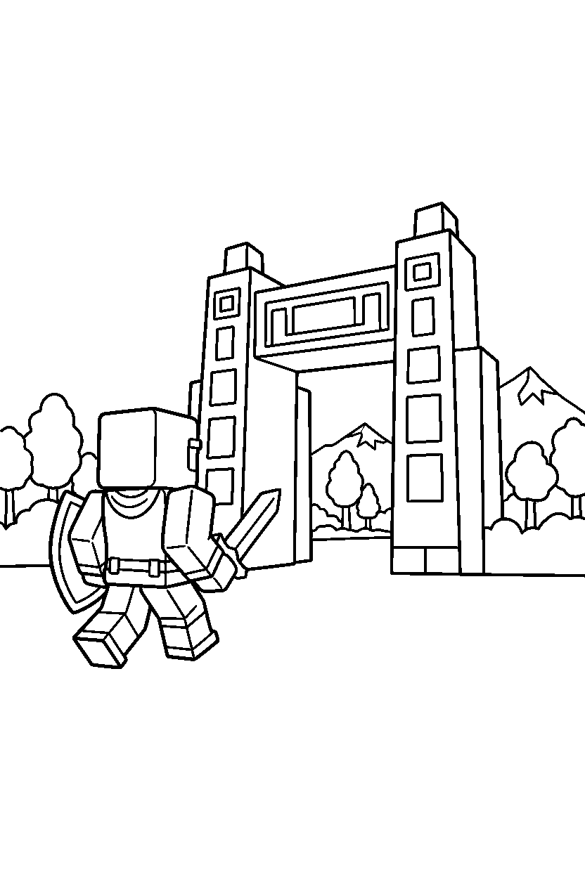 roblox cube adventurer walking near a block gate entrance line art