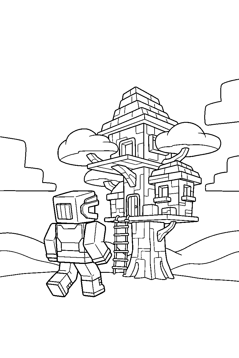 roblox cube adventurer walking near a block tree house line art