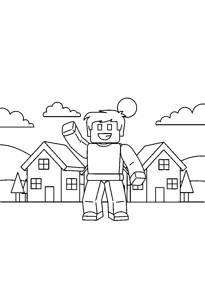 roblox cube adventurer waving near block houses line art