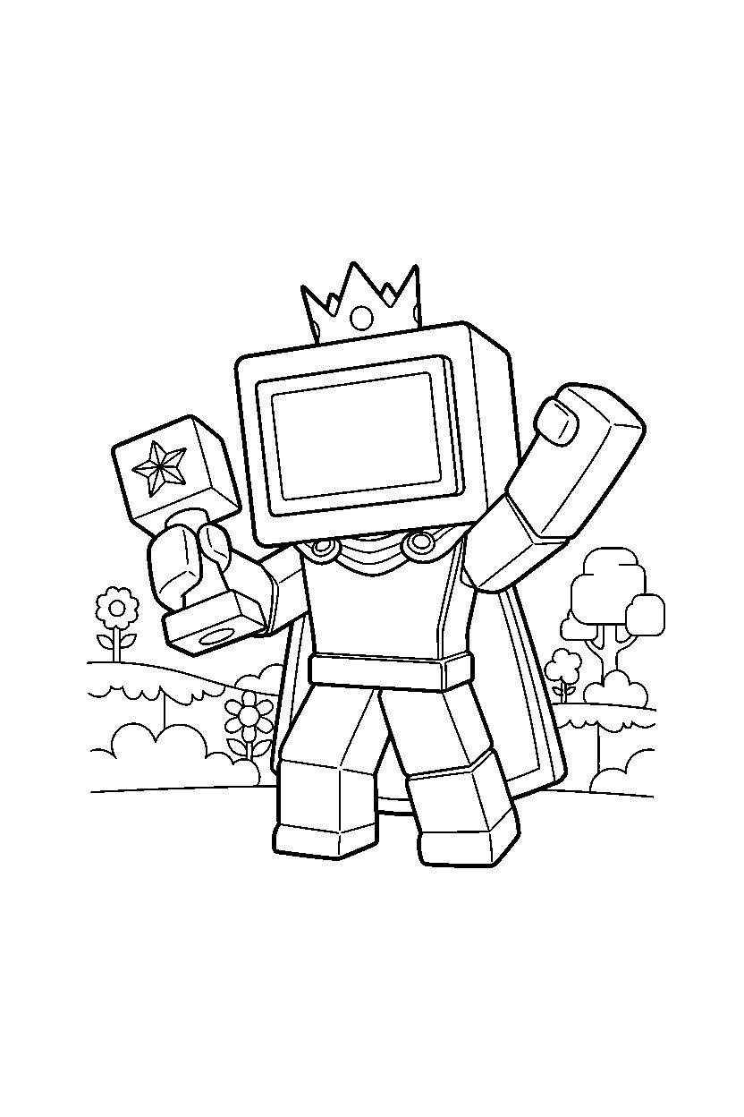 roblox cube champion celebrating victory in a block meadow line art