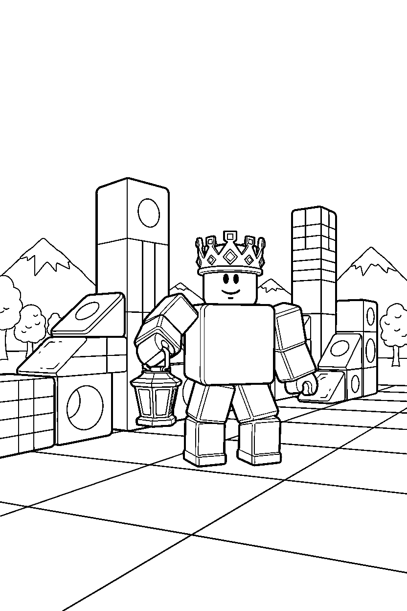 roblox cube champion holding a lantern near a block obstacle field line art