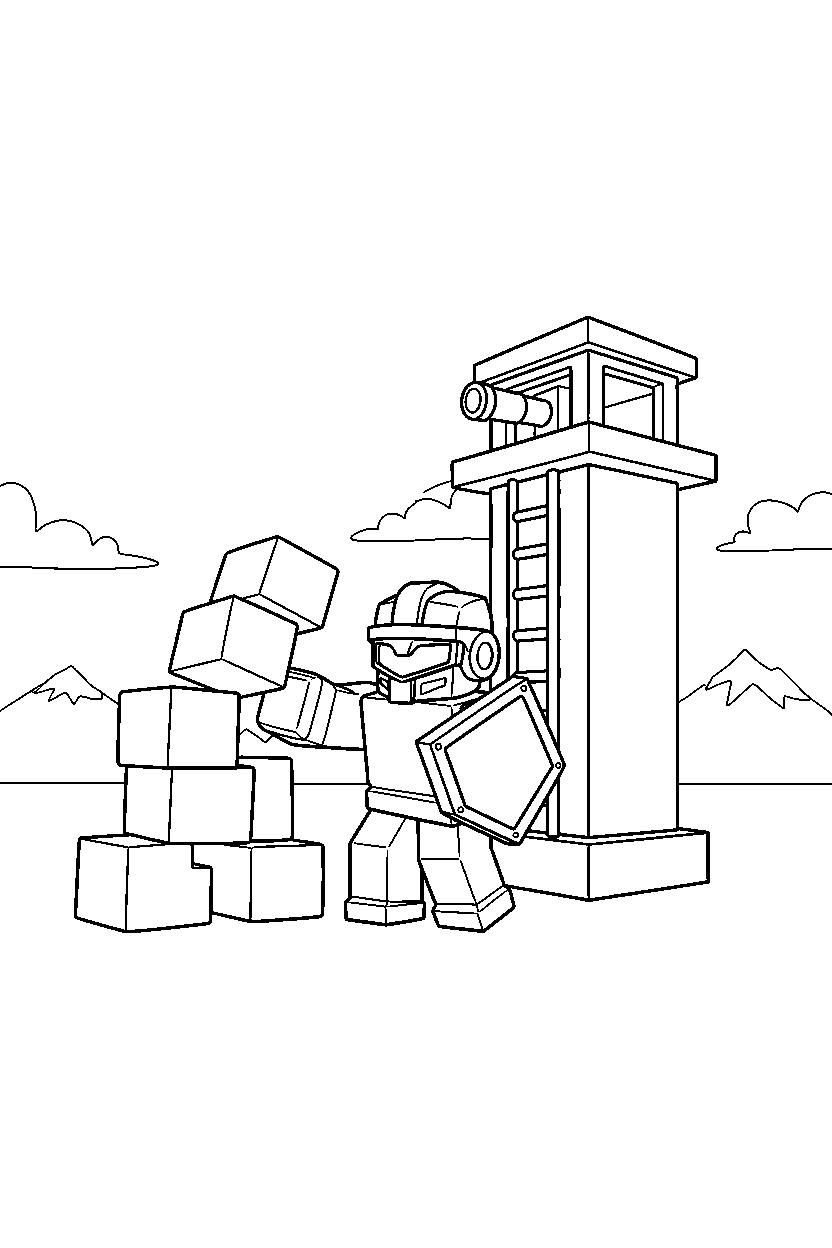 roblox cube defender stacking blocks near a block lookout line art