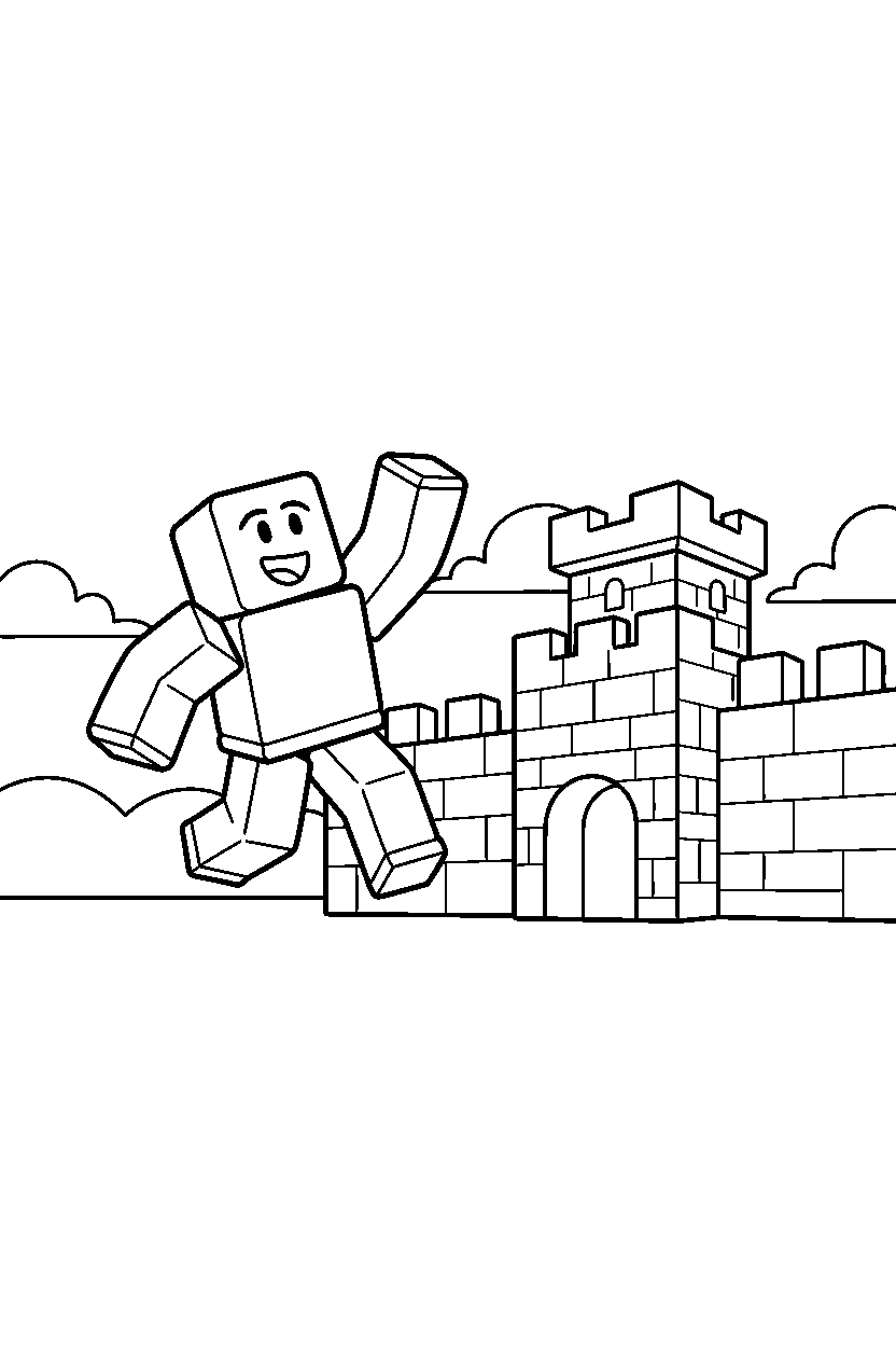roblox cube explorer celebrating near a block castle wall line art