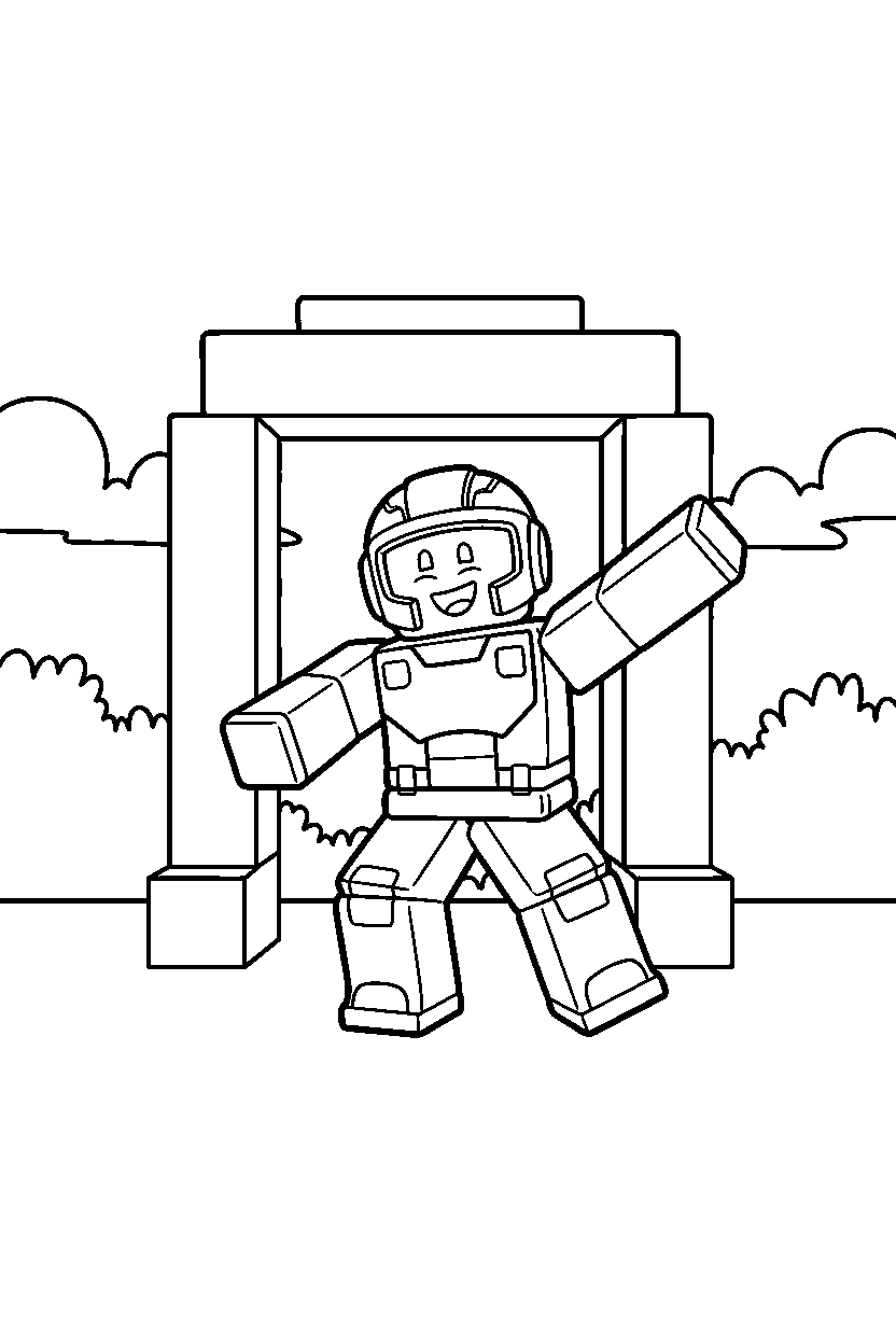 roblox cube explorer dancing near a block gate entrance line art