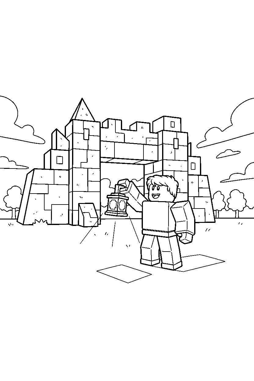 roblox cube explorer holding a lantern near a block gate line art