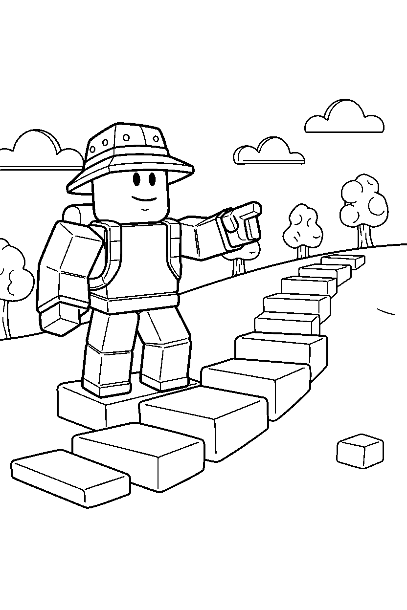 roblox cube explorer pointing forward near a block hill path line art