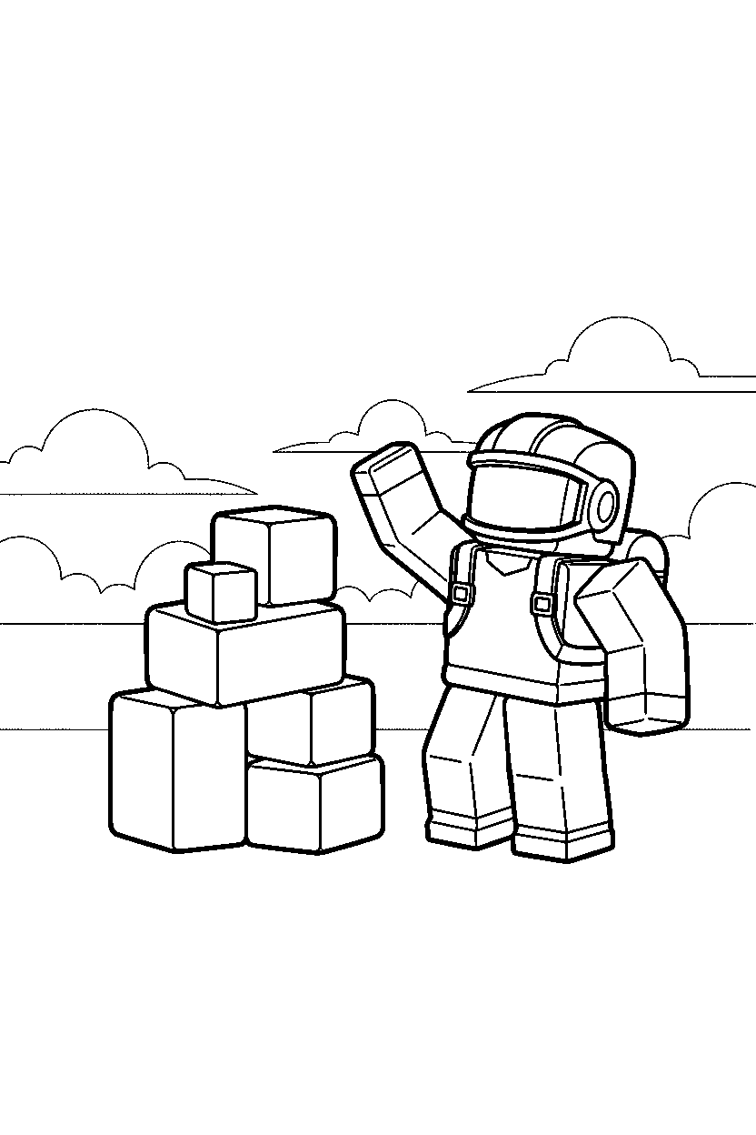 roblox cube explorer raising a hand near stacked blocks line art