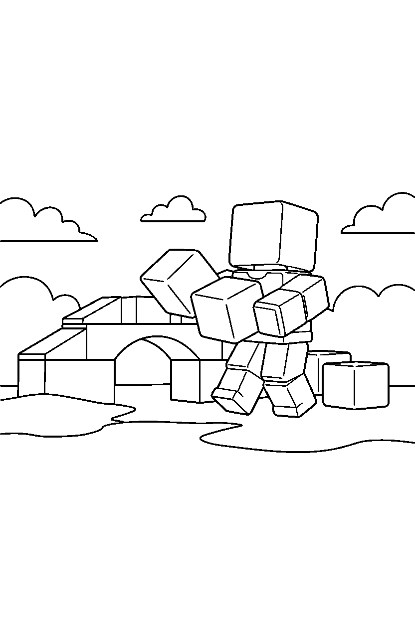 roblox cube explorer stacking blocks near a block bridge line art