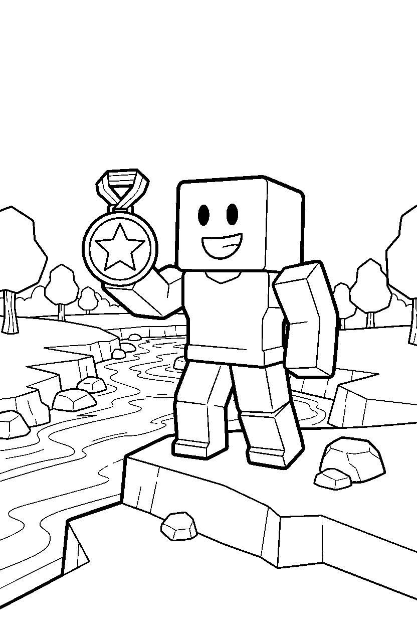 roblox cube fighter holding a medal near a block riverbank line art