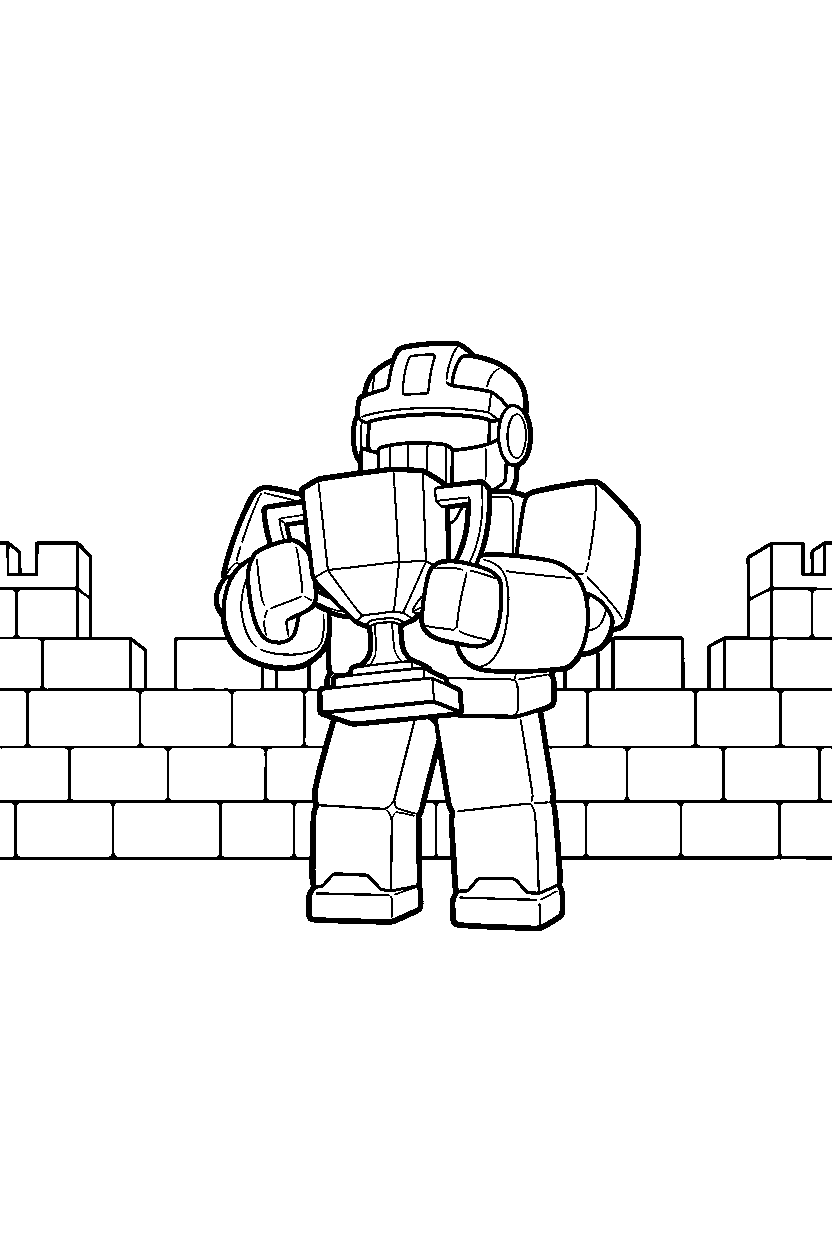 roblox cube fighter holding a trophy near a block castle wall line art