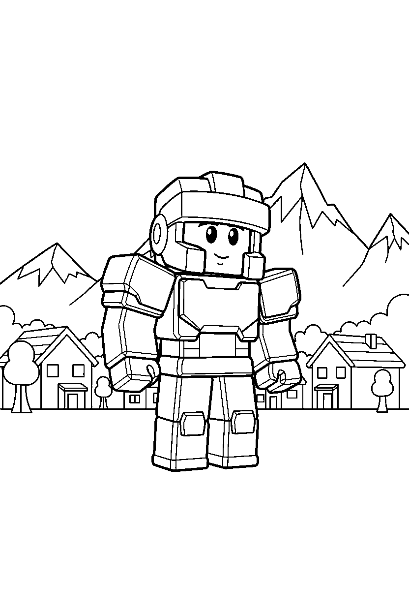roblox cube fighter looking around in a block village line art