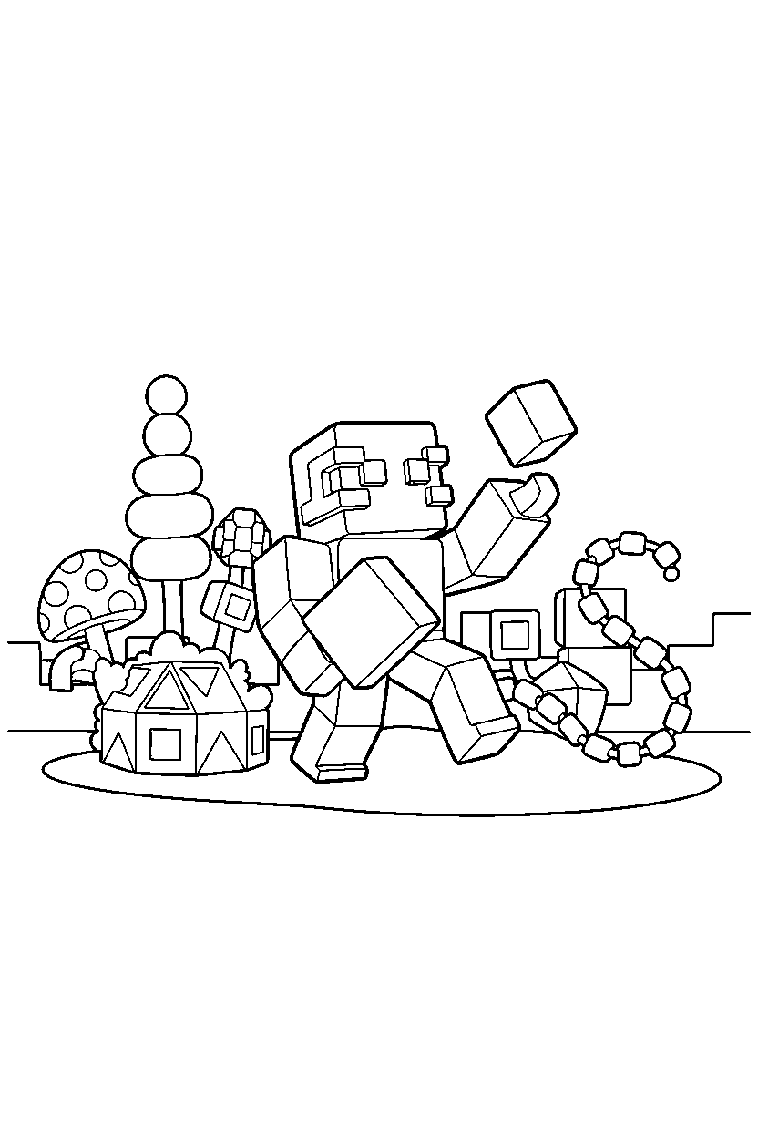 roblox cube fighter playing with blocks near a block garden line art
