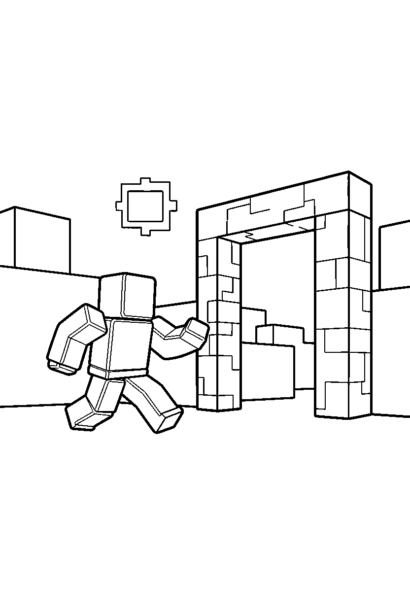 roblox cube fighter running near a block gate entrance line art