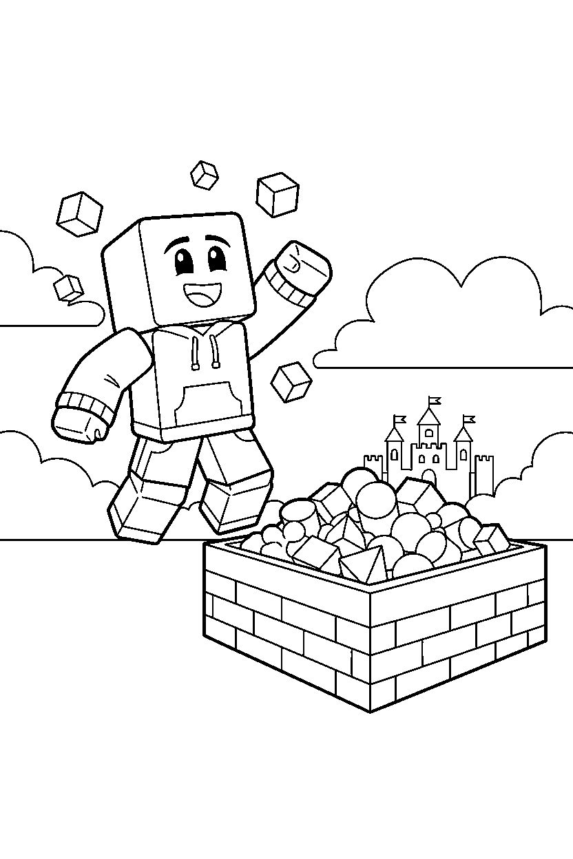 roblox cube gamer celebrating victory near a block sandbox line art