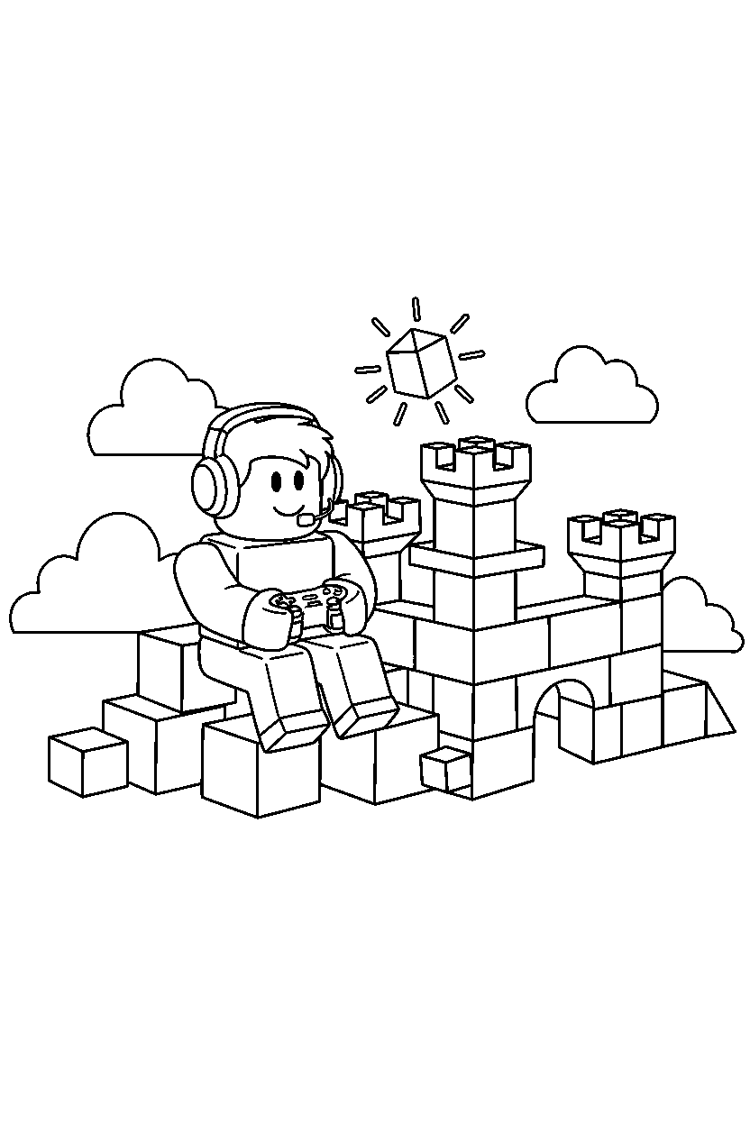 roblox cube gamer playing with blocks near a block fort line art