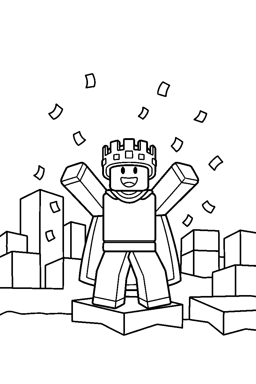 roblox cube hero celebrating victory in a colorful block world line art
