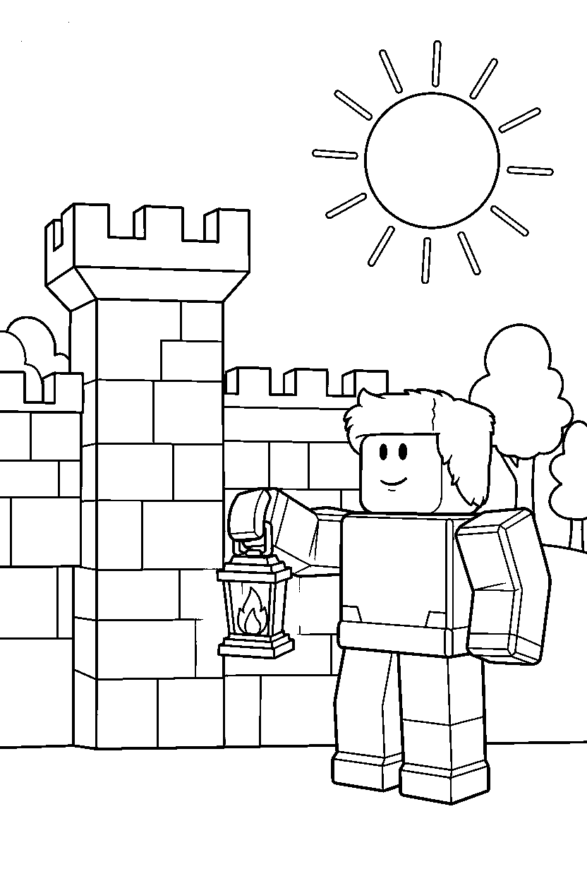 roblox cube hero holding a lantern near a block castle wall line art