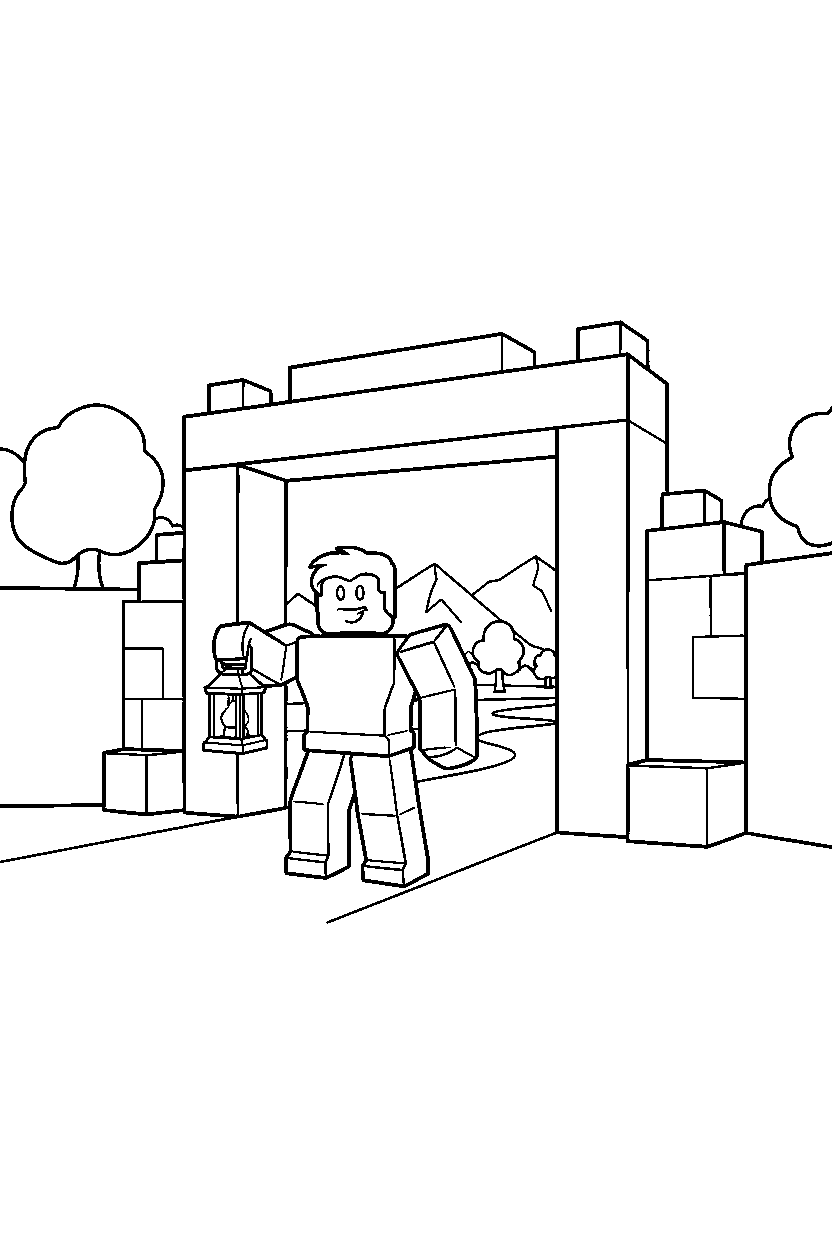 roblox cube hero holding a lantern near a block gate entrance line art