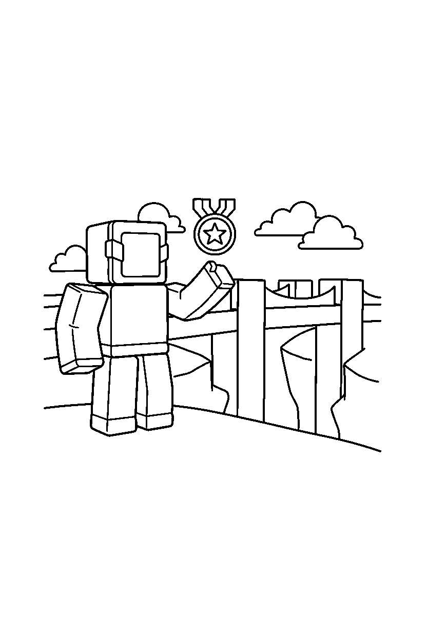roblox cube hero holding a medal near a block bridge line art