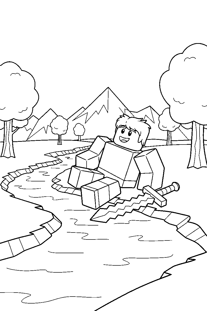 roblox cube hero resting near a block riverbank line art