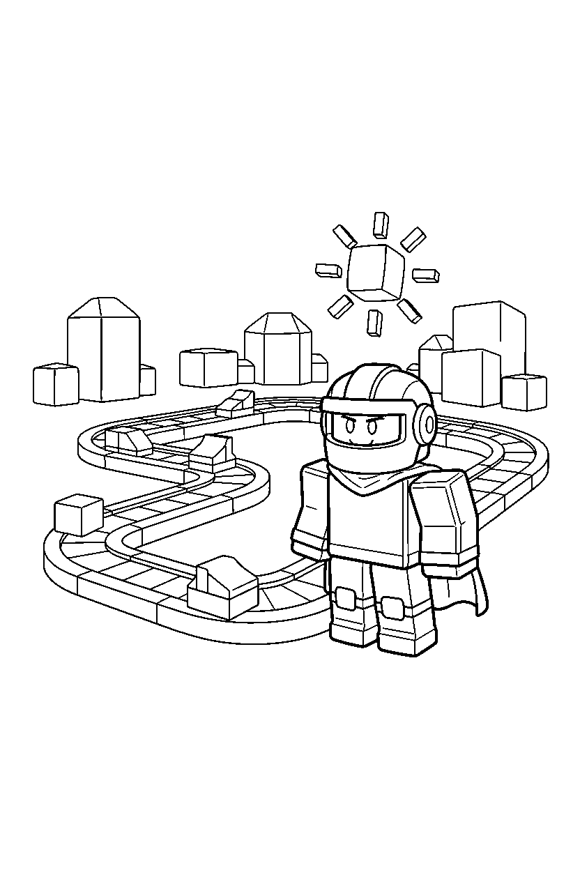 roblox cube hero standing near a block race track line art