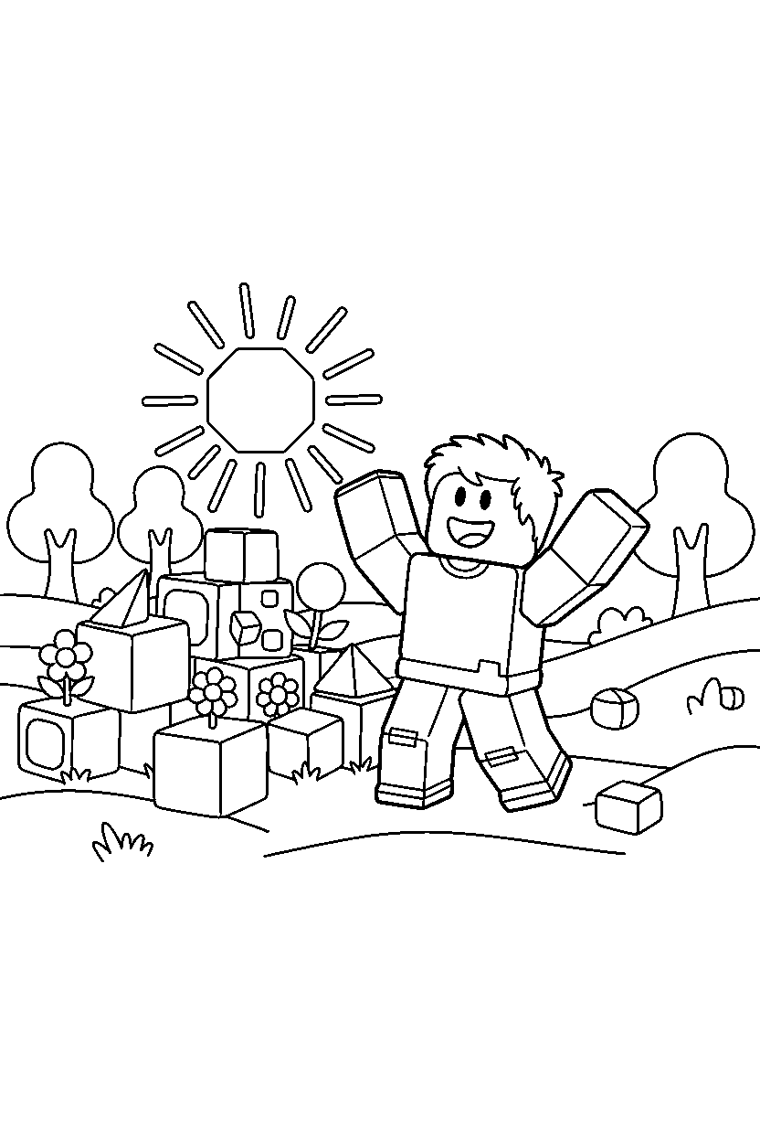roblox cube player celebrating near a block garden line art