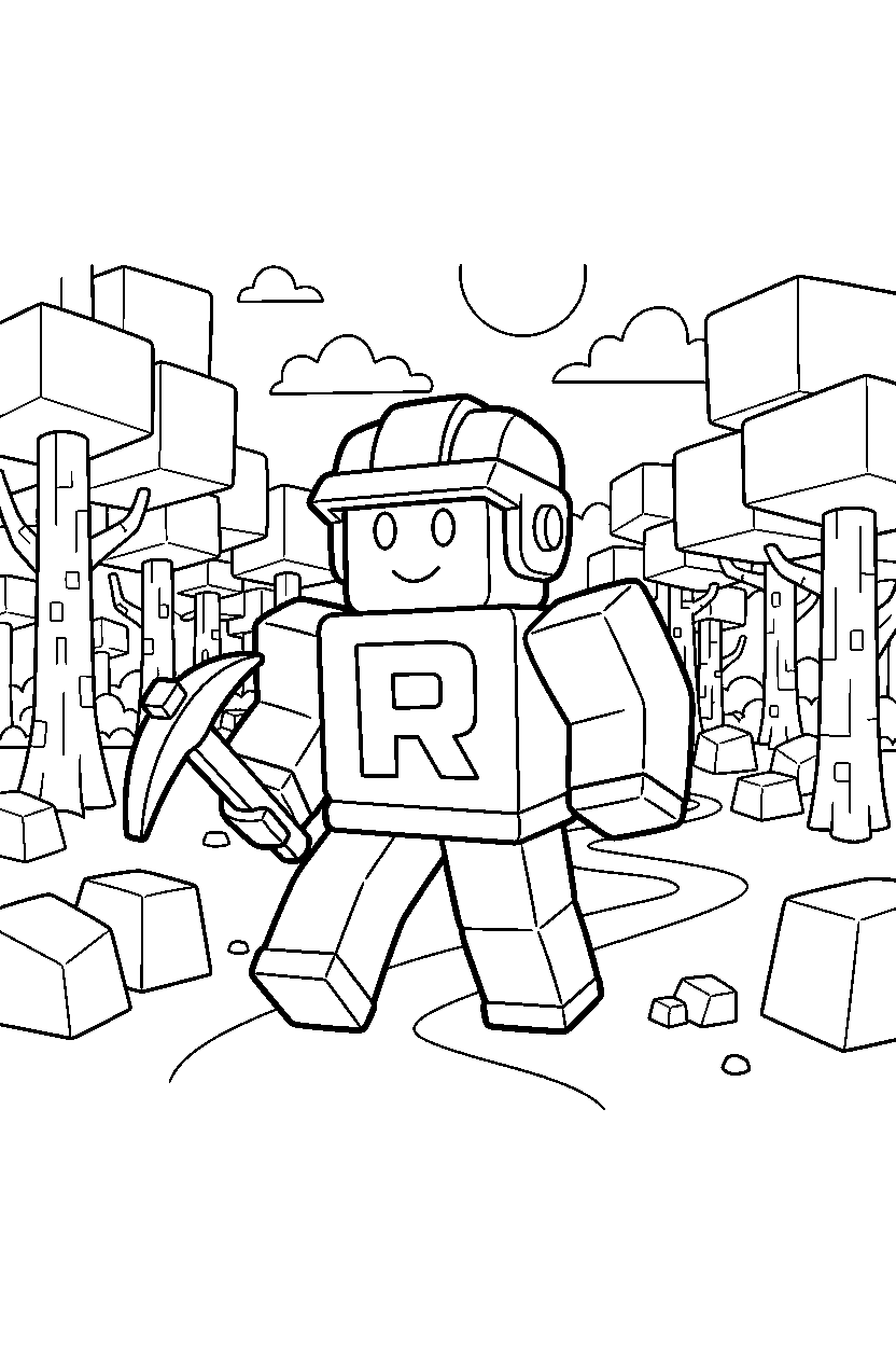 roblox cube player exploring in a block forest line art