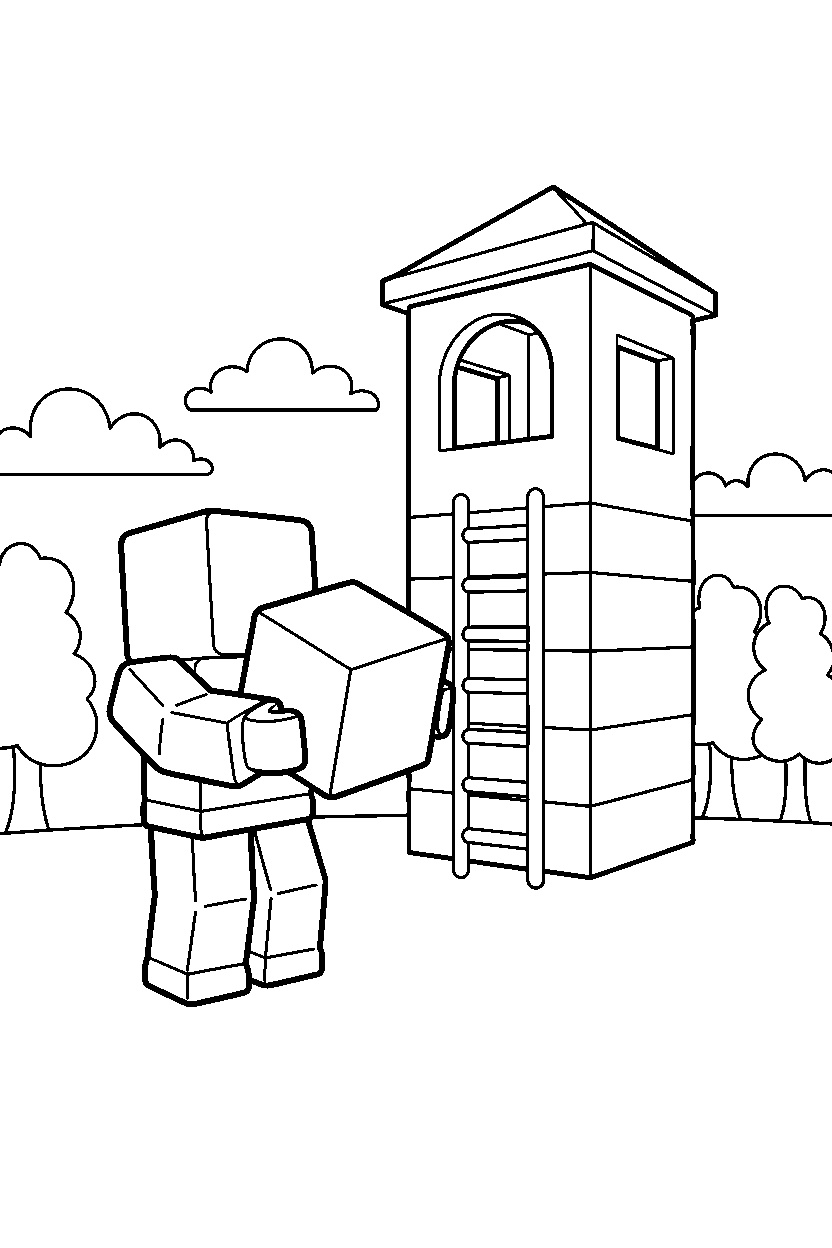roblox cube player holding a cube near a block lookout line art