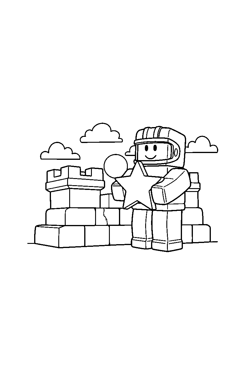 roblox cube player holding a star near a block fort line art