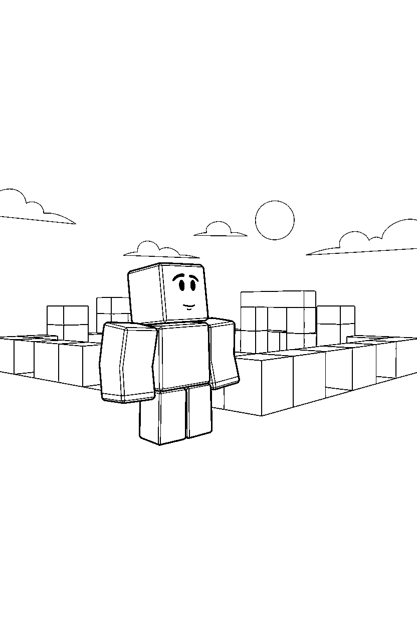 roblox cube player looking up near a block courtyard line art