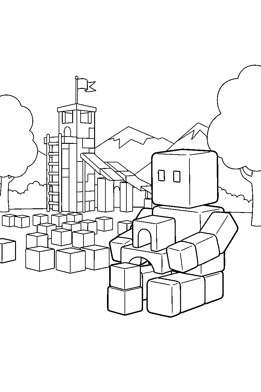 roblox cube player playing with blocks near a block training camp line art
