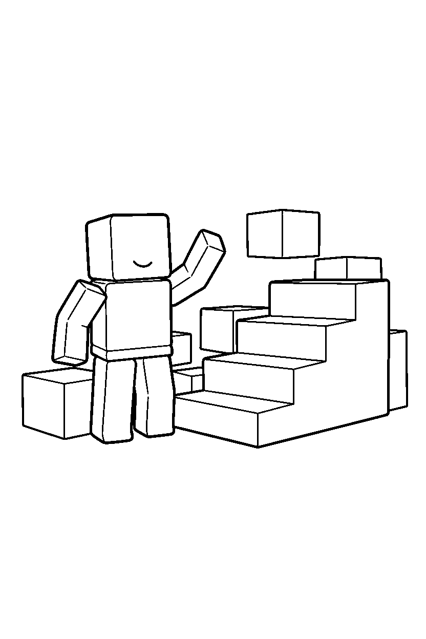roblox cube player raising a hand near block stairs line art