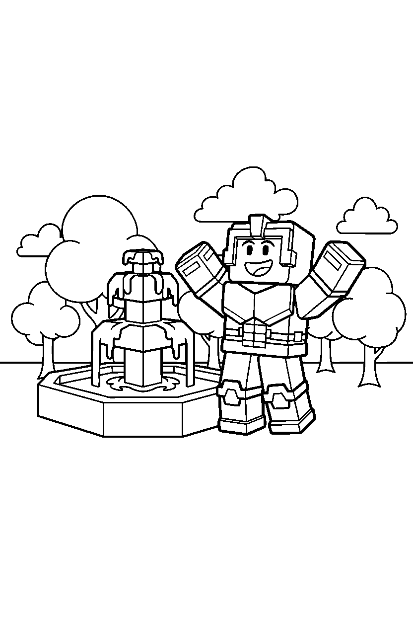 roblox cube warrior celebrating near a block fountain line art
