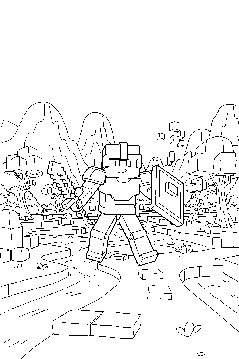 roblox cube warrior exploring in a block adventure land line art