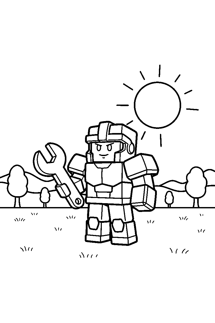 roblox cube warrior holding a tool in a sunny block field line art