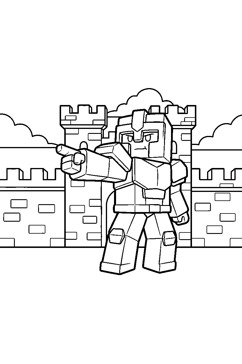 roblox cube warrior pointing forward near a block castle wall line art